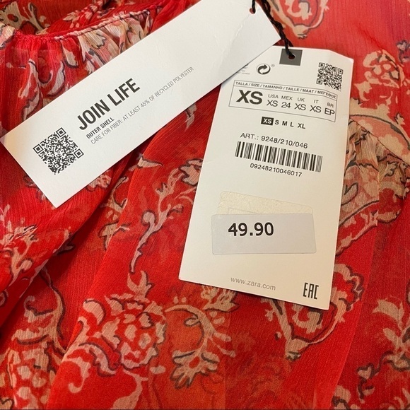 ZARA NWT Sheer Paisley Print Boho Peasant Style Wide Sleeve Button Cuff Crop Top - Picture 12 of 15